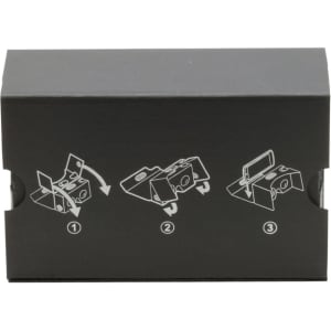 A black box featuring instructional illustrations for assembling virtual reality glasses. It has a design with flaps for easy access.