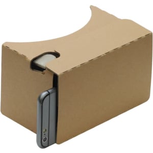 A pair of virtual reality glasses made of cardboard, featuring a slot for a smartphone and a simple design.