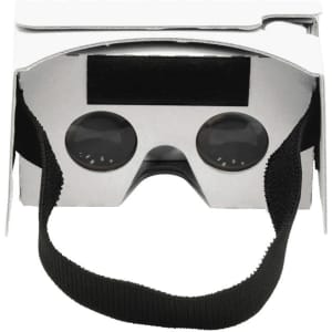 A pair of white virtual reality glasses with black lenses and a black adjustable strap.