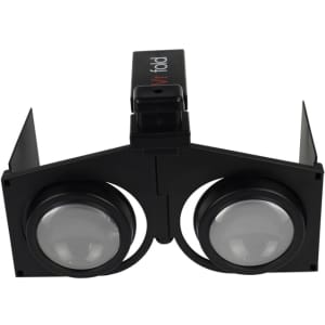 A pair of black VR fold glasses featuring large lenses and a central connection piece. Branding is present.