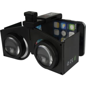 Foldable black VR glasses with large lenses, designed to hold a smartphone for immersive viewing experiences.