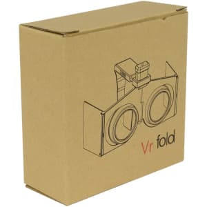 A brown cardboard box containing VR Fold Glasses, featuring a simple design and a logo on the front.
