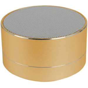 A gold Bluetooth speaker with a grey mesh grille on top, featuring a sleek, cylindrical design.