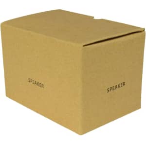 A brown cardboard box labelled 'SPEAKER', featuring a simple design without any logos or branding.