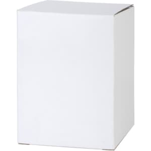 A plain white cardboard box with a square shape and a sealed top.