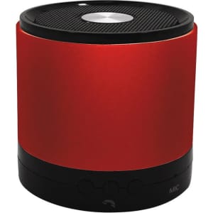 A red Bluetooth speaker with a black base and control buttons, featuring a sleek design and a coated top surface.