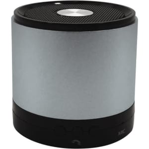 A silver Bluetooth speaker with a black base, featuring a mesh top and control buttons. It has a visible logo.
