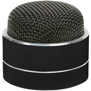 A compact Bluetooth speaker featuring a black cylindrical base and a textured black mesh top. It includes a logo.