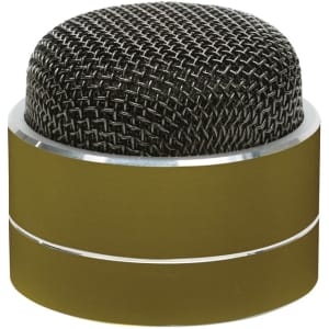 A compact Bluetooth speaker in gold with a textured black grille on top and a sleek design.
