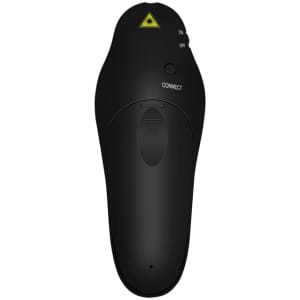 A black PowerPoint presenter with a connection button and an on/off switch, featuring a small logo.