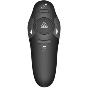 A black PowerPoint presenter with various buttons and a logo, designed for controlling presentations.