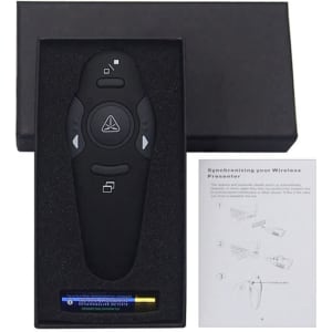 A black presentation remote is displayed in a box with an instruction manual beside it.