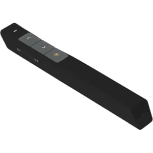 A black PowerPoint presenter with buttons for navigating slides and an indicator light.