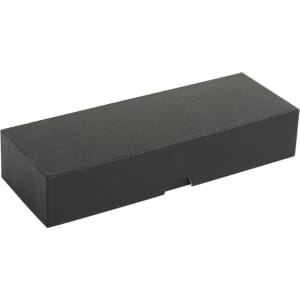 A sleek black box designed for packaging, featuring a slit for easy opening.