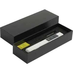 A white PowerPoint presenter in a black box, featuring buttons and a sleek design. The box has a logo inside.