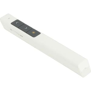A white PowerPoint presenter with navigation buttons and a small indicator light. It features a sleek, modern design.