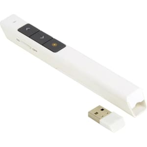 A white PowerPoint presenter with buttons and a USB receiver.