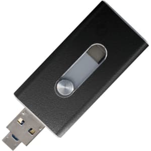 A black USB flash drive with a sliding cover and a circular button, featuring a logo on its surface.