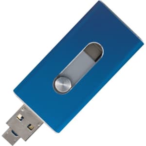 A blue USB flash drive with a retractable connector and a transparent window, featuring a logo on its surface.