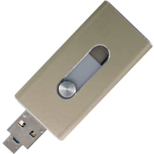 A gold USB flash drive with a sliding mechanism and a silver button, featuring a logo on its surface.