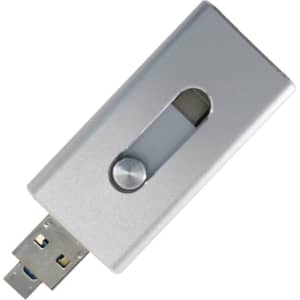 A silver USB flash drive with a sliding cover mechanism, featuring a branding logo.