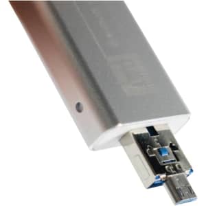 A silver USB flash drive with a blue connector, featuring a branded logo.