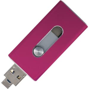 A pink USB flash drive with a sliding mechanism and a metallic finish, featuring a small window and branding.