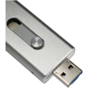 A silver USB flash drive with a sliding mechanism and a blue connector, featuring a logo on its surface.