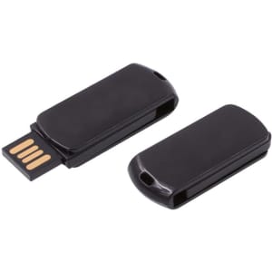 A black flash drive with a removable cap, featuring a sleek design and a USB connector.