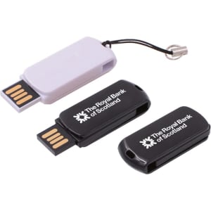 A collection of two flash drives, one black and one white, with a removable cap and a keychain attachment.