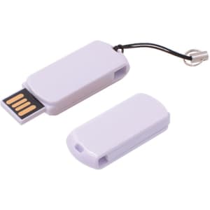 A lavender flash drive with a removable cover and a keychain attachment. It features a logo on its surface.