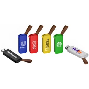 A collection of five flash drives in various colours, including black, blue, red, yellow, and white, each with a logo.