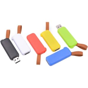 A collection of Turin Flash Drives in black, white, red, blue, yellow, and green with leather straps.