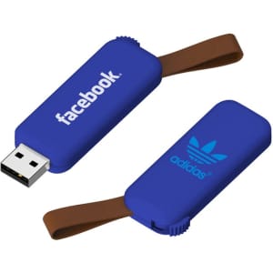 A blue Turin Flash Drive with a brown strap, featuring logos on both sides.