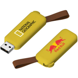A yellow flash drive featuring branding on both sides and a brown loop for easy attachment.