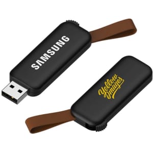 A black USB flash drive with a leather strap, featuring two logos on opposite sides.