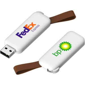 A white flash drive featuring a brown strap and logos for FedEx and BP on opposite sides.