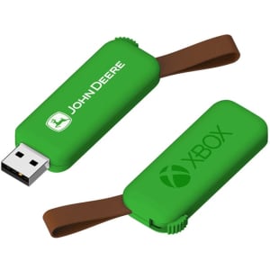 A green flash drive with a brown strap, featuring logos on both sides.