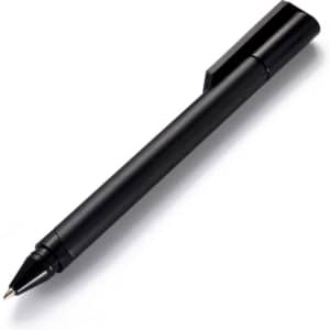 A sleek black metal pen featuring a stylus tip and a clip, accompanied by a branding logo.