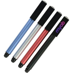 A set of four metal pens in blue, silver, red, and black, each with a black stylus tip and a logo.