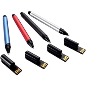 A set of metal pens in blue, red, black, and silver, with USB connectors displayed beside them.