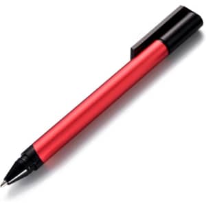 A red metal USB pen with a black cap and a sleek design, featuring a logo on its body.