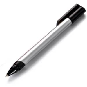 A silver metal pen with a black cap and a fine tip. The pen features a logo on its body.
