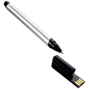 A silver metal pen with a black tip and a removable cap that reveals a USB connector.