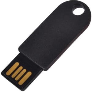 A black flash drive with a sleek design featuring a USB connector and a hole for attachment.