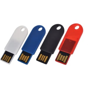 A set of four flash drives in white, blue, black, and red, each featuring a small hole for attachment and a logo.