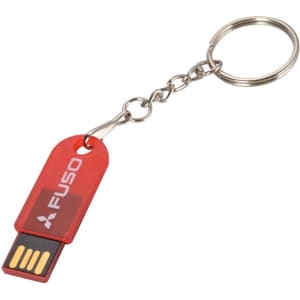 A red flash drive with a keyring attachment, featuring a logo and a USB connector.