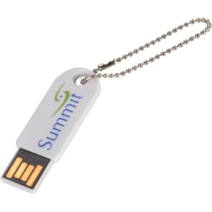 A white flash drive with a keychain attachment, featuring a logo and four gold pins for data connection.