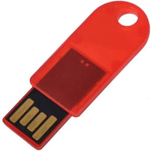 A red flash drive featuring a transparent casing, with a USB connector visible. It includes a hole for attaching to a keyring.