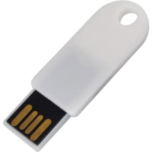 A white flash drive with a rounded top, featuring a black connector with gold pins and a hole for attachment.